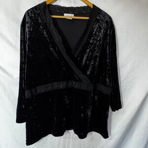 Avenue‎ Plus Size Velvet Top 22/24 Black Lace Trim witchy Surplice 3/4 Sleeve